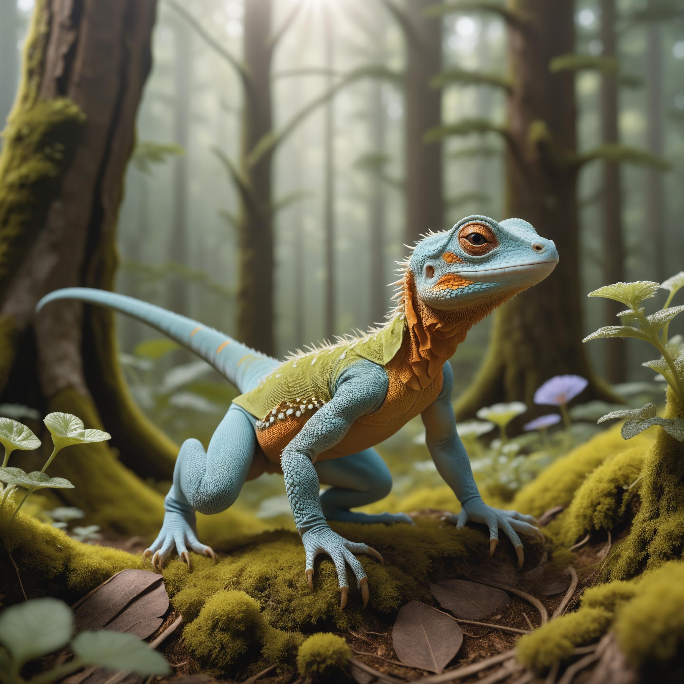 A blue and orange lizard on a mossy tree branch.