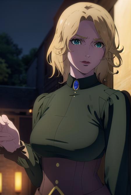 castlevaniatera, <lora:castlevaniatera-lora-nochekaiser:1>,
castlevaniatera, (green eyes:1.5), blonde hair, short hair, parted bangs, lipstick, red lipstick,
BREAK shirt, long sleeves, brooch, clothes around waist, black shirt, collar, corset,
BREAK looking at viewer, upper body, full body,
BREAK outdoors, night, sky,
BREAK <lyco:GoodHands-beta2:1>, (masterpiece:1.2), best quality, high resolution, unity 8k wallpaper, (illustration:0.8), (beautiful detailed eyes:1.6), extremely detailed face, perfect lighting, extremely detailed CG, (perfect hands, perfect anatomy),