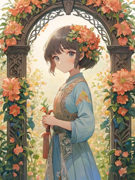 2D, upper body, (Arts and Crafts Movement), (masterpiece), (best quality), 1girl, (an extremely detailed and beautiful)
Flower gate