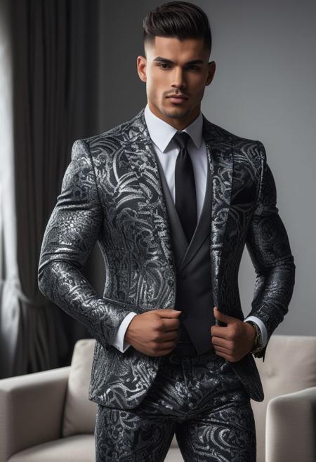 a strong 22-year-old brazillian hunk bodybuilder male, with a fringe up hairstyle, detailed face, mindless expression,  wearing a skin tight dark-gray suit with silver patterns, wearing a skin tight pants, on a modern living room, standing at attention pose, looking to the camera, Cinematic, Photoshoot, Shot on 25mm lens, Depth of Field, Tilt Blur, Shutter Speed 1/1000, F/22, White Balance, 32k, Super-Resolution, Pro Photo RGB, Half rear Lighting, Backlight, Dramatic Lighting, Incandescent, Soft Lighting, Volumetric, Conte-Jour, Global Illumination, Screen Space Global Illumination, Scattering, Shadows, Rough, Shimmering, Lumen Reflections, Screen Space Reflections, Diffraction Grading, Chromatic Aberration, GB Displacement, Scan Lines, Ambient Occlusion, Anti-Aliasing, FKAA, TXAA, RTX, SSAO, OpenGL-Shader s, Post Processing, Post-Production, Cell Shading, Tone Mapping, CGI, VFX, SFX, insanely detailed and intricate, hyper maximalist, elegant, dynamic pose, photography, volumetric, ultra-detailed, intricate details, super detailed, ambient