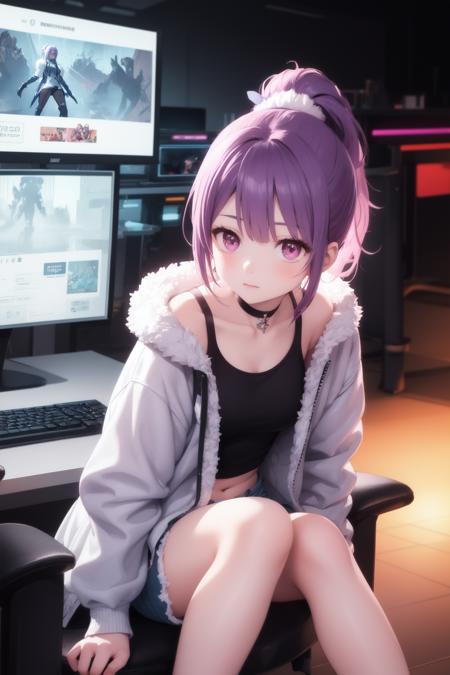 masterpiece, best quality, 1girl, ponytail, hair pin, white fur trimmed jacket, denim shorts, dark purple hair, pink eyes, futuristic, neon light, gaming room, sitting, looking at viewer, close view, choker