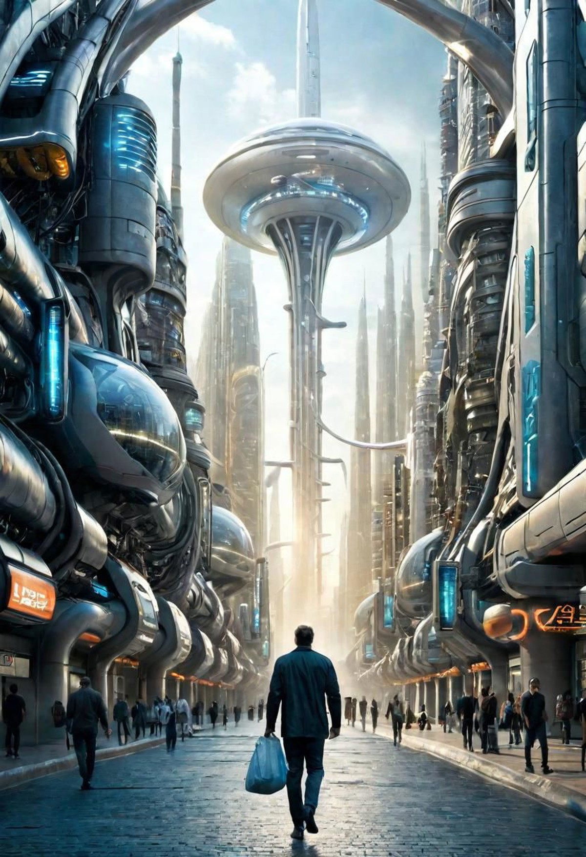 Science ficiton,  future city, a man walking on the street