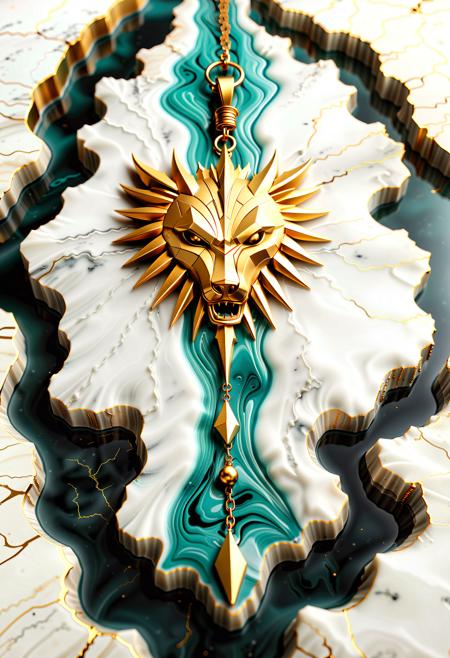 Liquid Marble floor, detailed, ultrarealistic, (Liquid Marble (abstract geometric pattern of a witcher's medalion) dangling from a dead branch), dripping gold linings,
