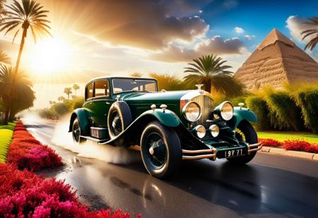 cinematic photo of 1931 Bentley 4 ½ Litre Supercharged coupe, magnificent three pyramids of Giza appear clearly, charm, highly detailed car, Professional lighting, full of life, Lively and energetic, 8K, rays of sun flow beyond heavy clouds, HDR, Fast & Furious movie, motion blur, moving tires, Cinematic Shot, Cinematic Lighting, amazing world, pure perfection, Need For Speed, wide angle exterior background, wet asphalt road, autumn leaves, grass, flowers, jasmine flowers, palm trees, nebula horizon.