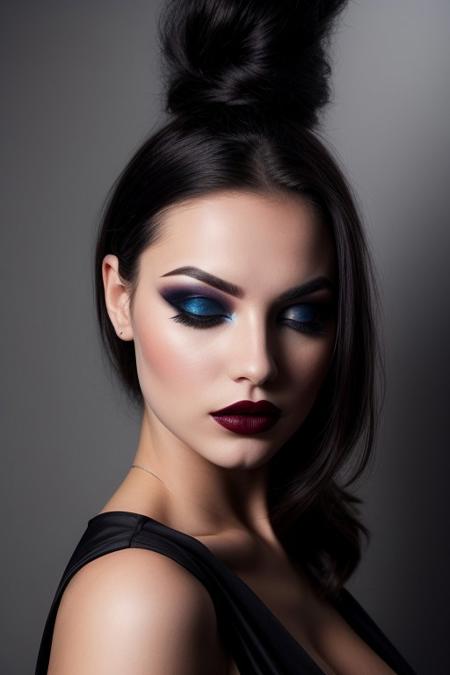 The image is a high-resolution photograph of a person with an ethereal, surreal aesthetic.
The subject is a woman with a striking, statuesque appearance, her face and body draped in a dark, almost black, high-fashion ensemble. 
giving an impression of serenity or contemplation. Her makeup is dramatic, with dark, matte lipstick and eyeshadow that matches the dark tones of her attire. dynamic view, SilverSapphireAI, huge breasts