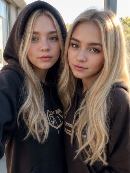 instagram photo of a cute girl and beautiful 22yo girl with medium long blond hair, heavy sunny day and shadows, no glitches, brown eyes, makeup, black hoodie, realistic, 4k,