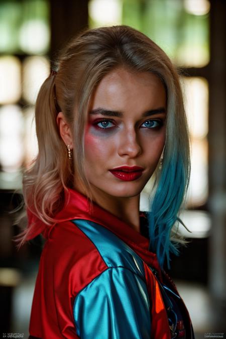 (close-up, editorial photograph of a DanicaFace, red blue jacket), (highly detailed face:1.4), (background inside dark, moody, private study:1.3), full body portrait, by lee jeffries, nikon d850, film stock photograph ,4 kodak portra 400 ,camera f1.6 lens ,rich colors ,hyper realistic ,lifelike texture, dramatic lighting , cinestill 800, quinn_costume  <lora:quinn:1.05>,  DanicaFace  <lora:DanicaFace-000001:1>