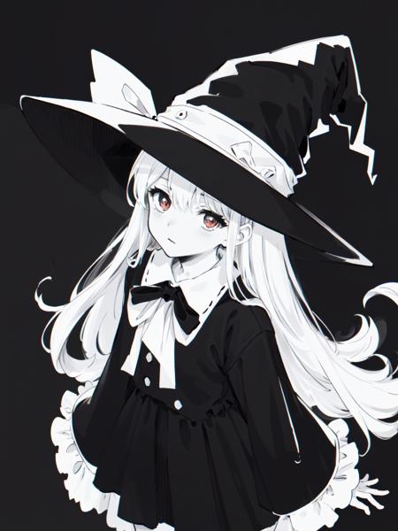 illustration, line drawing, black and white. from above, viewfinder, cowboy shot, looking at viewer, ((monochrome)), ((solo)), ((1girl)), long hair, white hair, black dress, dress shirt ((monochrome background)), red eyes, ((witch hat, black headwear,hat ribbon))