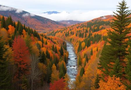 score_9, score_8_up, score_7_up, photo Quality, autumn, scenic setting of a dense forest with beautiful fall colors viewed from a mountain overlook, pockets of fog in the valley below rise above a river that flows through the valley.  The river os fast flowing with a section of rocky rapids