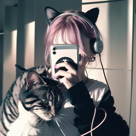 <lora:phone_on_face:1>,(1girl:1.2),(masterpiece,best quality:1.2),hand holding phone,cosplay,pink hair,maid clothes,(cat ear cyberpunk earphones:1.2)