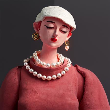 masterpiece, best quality,
Clay, clay texture, polymer clay, ultra light clay, Q edition, cartoon, solo, simplA girl with short hair, pearl earrings, a pearl necklace around her neck, dressed in fashion, vintage style, multi-color, busts, people, high class, creative