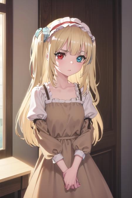 kobatohasegawa, <lora:kobato hasegawa s2-lora-nochekaiser:1>,
kobato hasegawa, long hair, blonde hair, (red eyes:1.3), blue eyes, (heterochromia:1.5), two side up,
BREAK dress, hairband, frills, long sleeves, puffy sleeves, juliet sleeves, (brown dress:1.3),
BREAK indoors, classroom,
BREAK looking at viewer, (cowboy shot:1.5),
BREAK <lyco:GoodHands-beta2:1>, (masterpiece:1.2), best quality, high resolution, unity 8k wallpaper, (illustration:0.8), (beautiful detailed eyes:1.6), extremely detailed face, perfect lighting, extremely detailed CG, (perfect hands, perfect anatomy),