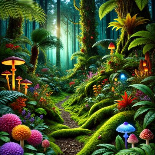 ferns and some mushrooms around, also imaginary plants, magical forest with magical plants, mixed tropical and northern hemisphere forest plants, vibrant colours, very lush and green