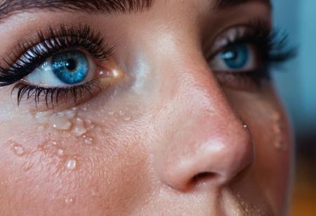 close-up.  a drop of water hanging from the fluffy eyelashes of the artist, a colorful, bright, creative atmosphere. like in a mirror, the reflection of the workshop in a blue pupil, amazing depth of field, stunning extensive details, fantastic eye makeup. matte skin texture. natural ambient lighting, eye-catching, cinematic photography, clear focus, stunning depth of field, stunning extensive detail, natural ambient lighting