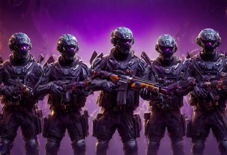 A group of elite mercenary warriors equipped with the latest weaponry and advanced technology, dressed in sleek, modern armor, ready for combat. They represent a diverse range of specialties including (((three riflemans, one medic, one machine gunner, one sniper, one battle mage, and one engineer.))) They stand together in a dynamic composition, each figure poised in a distinctive action pose, with a colorful, detailed background that complements their advanced equipment. Masterpiece, high quality, colorful background, different poses, different armor, different weapons, action poses, 4k, grenade launcher, machine-gun, assault rifle, sniper rifle, purple colors