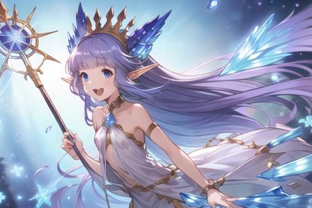 <lora:lily-Counterfeit-V3.0:1>, solo, 1girl, field of deapth, lily_\(granblue_fantasy\), granblue fantasy, elf, shilver hair, very long hair, crown, hair ornament, blue eyes,  small breasts, collarbone, smile, looking at viewer, floating crystals, ice, holding staff,