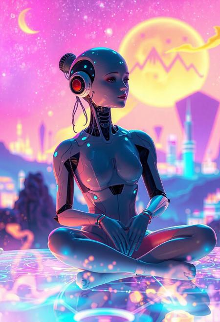 A dreamlike digital scene featuring a futuristic, feminine humanoid AI. She's sitting or floating in front of a vibrant, surreal landscape — think glowing neon city, floating islands, or a starry sky. She's creating or observing colorful visual art (holograms, digital brushstrokes, or abstract visuals). The color palette includes electric blue, magenta, and golden yellow. The mood is imaginative and peaceful, with a soft futuristic glow."
Je lance la génération de l’image. Un instant.
Démarrage
Outils