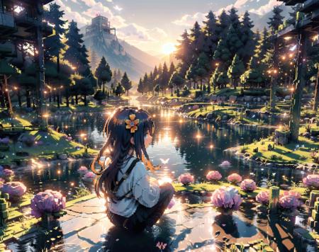 <lora:VOXEL:1>,
masterpiece,best quality,(ray tracing,cinematic lighting),sunlight,, depth of field
(3d pixel art:1.5), (vpa:1.5), Voxel,,  (minecraft:1.3),
,1girl, bird, blue_eyes, blue_flower, blue_sky, cloud, cloudy_sky, evening, field, floating_hair, flower, flower_field, gradient_sky, hair_ornament, horizon, hydrangea, lens_flare, long_hair, looking_at_viewer, mountain, mountainous_horizon, outdoors, petals, pink_flower, purple_flower, sky, smile, solo, sun, sunlight, sunrise, sunset, twilight, white_hair, wind,full body, squatting, ((best shadow:1.2)),shadow of girl,(shadow of  hair),shadow of flower,mountain, mountainous horizon, horizon,(( sunset)),sunlight,((orange light)),cloudy,delicate and beautiful girl,delicate and beautiful background,delicate and beautiful face