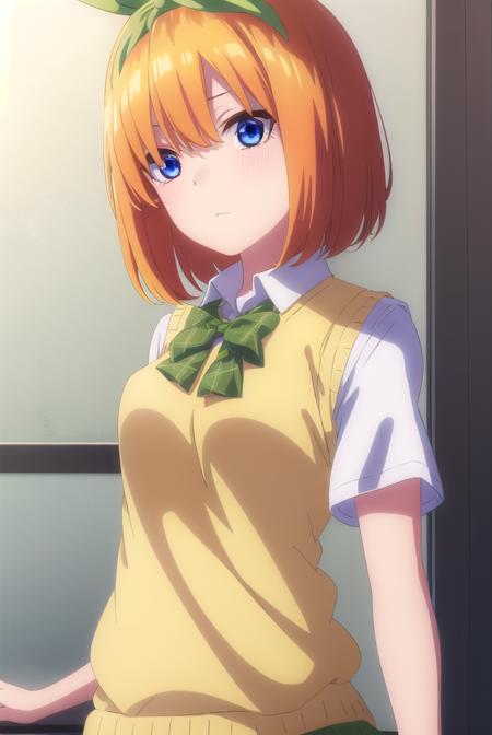 yotsubanakano, <lora:yotsubanakanospecial-lora-nochekaiser:1>, 
yotsuba nakano, bangs, short hair, blue eyes, hair between eyes, hair ribbon, hairband, orange hair, (green ribbon:1.5),
BREAK skirt, shirt, bow, ribbon, school uniform, white shirt, short sleeves, pleated skirt, shoes, socks, collared shirt, miniskirt, bowtie, black footwear, kneehighs, green skirt, black socks, loafers, green bow, sweater vest, green ribbon, (yellow sweater vest:1.5),
BREAK indoors, classroom,
BREAK looking at viewer, (cowboy shot:1.5),
BREAK <lyco:GoodHands-beta2:1>, (masterpiece:1.2), best quality, high resolution, unity 8k wallpaper, (illustration:0.8), (beautiful detailed eyes:1.6), extremely detailed face, perfect lighting, extremely detailed CG, (perfect hands, perfect anatomy),