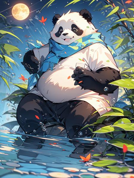 MG xiongmao,1 a chubby panda,(at the bottom of the water:1.3),Bubble,solo,furry,grass,leaf,closed eyes,petals,standing,scarf,no humans,Moon,