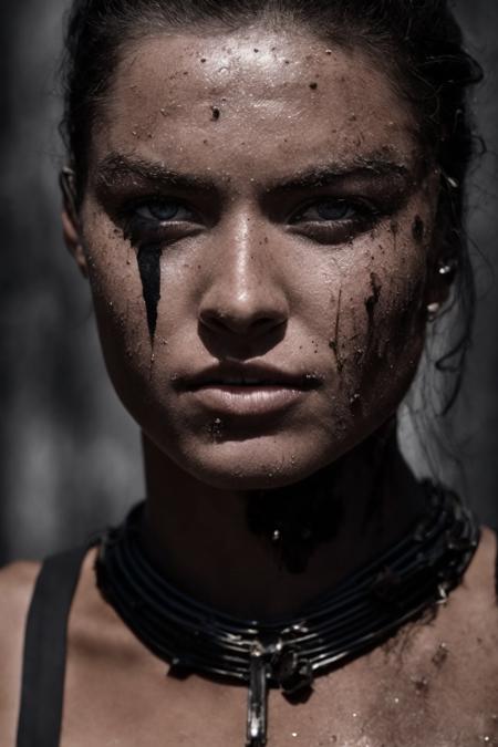 close up photo action shot of a buxom woman cyborg, beautiful, sweaty, sweat glistening, science fiction movie, old scars, suspended movement, slow motion, visual flow, rough and tumble, dirt flying, pale, big gray eyes, piercing eyes, undercut hair, (highly detailed:1.1), dramatic, hi-res, (film grain), high ISO, 35mm, gorgeous, outdoor lighting, perfect face, delicate features, bloody nose, rusty tattered and dented metal parts, wasteland, dramatic rim lighting