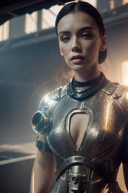 a young woman, postapocalypse, cyborgdiffusion, (retrofuturism), steampunk, silky skin, ((full body height)), (skin texture:1.2), (high detailed skin:1.3), ambient smoke, haze, (photorealism), (hyperrealism), cinematic, grain of old film, 8k uhd, dslr, hdr, retro color <lora:Olga_Seryabkina_v2_640x960:0.85>