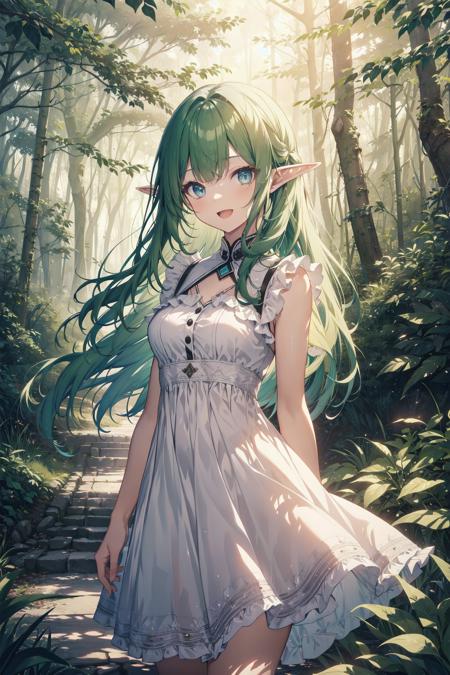 elf girl, simple white dress no design, (masterpiece, best quality:1.4), long hair, green hair, blue eyes, :D, flying hair, forest scenery, riverside, tree foliage, ray tracing, light, dark ambience, HDR, highres, intricate details, detailed background,