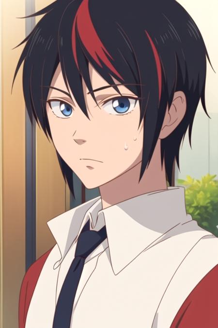 kazuki_kohori black hair blue eyes red hair streaked hair