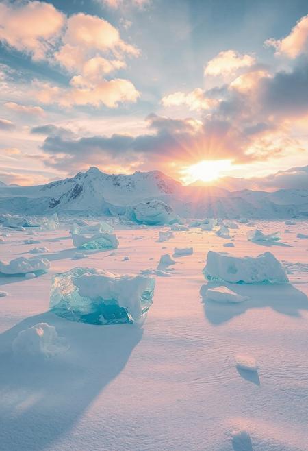 A vast, snow-covered landscape with large, jagged formations of strikingly clear, turquoise ice scattered across the surface under a bright, partly cloudy sky."
8k hyper realistic,splash of wine,sunset celestial