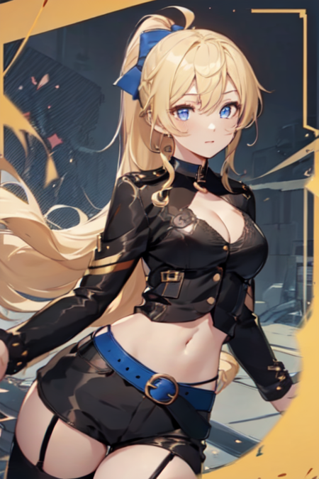 JunoEmmons, 1girl, solo, long hair, blue eyes, blonde hair, thighhighs, long sleeves, blue hair bow, navel, cleavage, medium breasts, very long hair, black jacket, crop top, ponytail, ahoge, short shorts, black shorts, midriff, belt, black thighhighs, short shorts, garter straps,