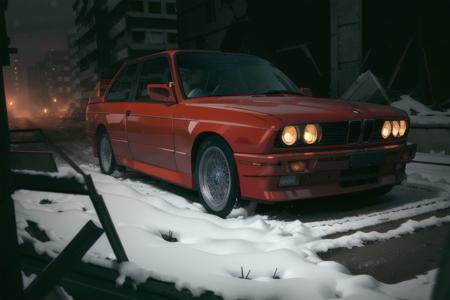 analog gloomy (close up shot) photo of a (red BMW E30 car, <lora:bmwe30:1>), ((speeding in an abandoned city (at midnight))), ((decayed apartment buildings in the background)), ((snow)), (horror movie), ((nighttime)), (midnight), ruins, claustrophobic, High Detail, Sharp focus, ((photorealism)), ((realistic)), best quality, 8k, award winning, dramatic lighting, epic, cinematic, masterpiece, backlit, contrejour, rim light, ambient fog:1.4, dutch angle, depth of field, volumetric lights,