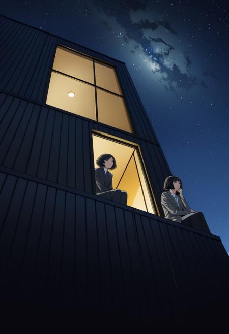 Thinking,abstract art, Tomie Kawakami, (style of Yuko Shimizu:1.3),black and pale gold, gray suit, night theme, dark sky, Full body, from below, look at the sky, face in the background, sitting on the cladding, girl face in dark sky,