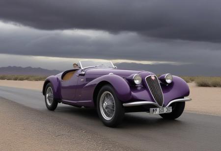 vehicle focus, motor vehicle, classic car, solo, sports car, from behind, race vehicle, headlight, dark, wide shot, racecar, steering wheel, reflection, no humans, license plate, from side, (1934 alfa romeo 8cmm), outdoors, sky, scenery, grey purple clouds, day, water, stones, cloudy sky, desert,