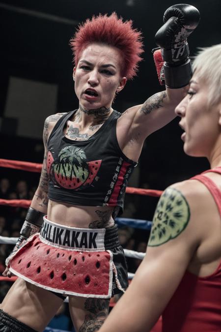 2female punk boxing, (wearing punk clothes, punk fashion),
(2 brutal punk women fighting at boxing ring), inspired by Kabuki, (watermelon is their trademark:1.4),
initial impulse, destructive impulse, destroyism, no future, anarchism, god save the queen, irony,
(cross counter:1.3), women become punch-drunk,  fighting for punks pride, they are serious,
snapshot, full body,
masterpiece, best quality, extremely detailed,
crisp image, sharp image, clear image, vivid image, realistic image, noiseless image,
detailed face, detailed eyes, detailed hair,
highly detailed background, natural cinematic lighting,