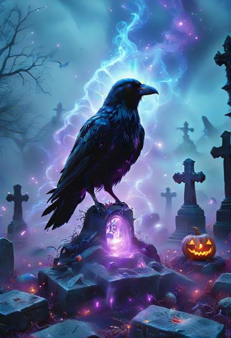 Mystic Lumina,large menacing crow, crow focused, Halloween, spooky, haunted, graveyard full of pumpkin, ethereal, dreamy, purple glow, blue mist, masterpiece (black:1.5), (gray:1.5).