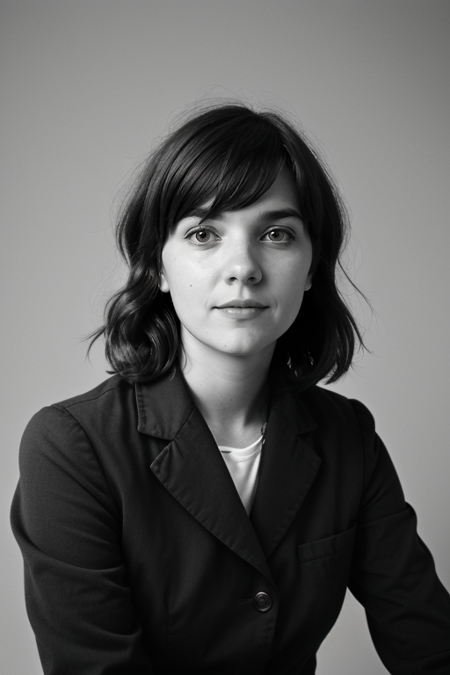 CourtneyBarnett, ((1940s photograph, upper body, portrait, wartime tailored suit or A-line dress, classic 1940s makeup, elegant backdrop, black and white film, Rolleiflex )), 80mm f/2.8, 1/30s, ISO 200, ((timeless elegance))