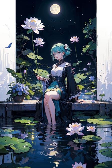 ((best quality, masterpiece, absurbres, super-resolution)) The moonlight over the lotus pond, Green and Blue, Lotus flowers on full bloom, Traditional