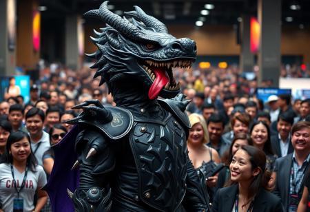 A powerful, cinematically lit, high-resolution 4K photograph. In the center of the image, a person stands out in a striking, highly detailed black dragon costume. The costume features a large, imposing headpiece with prominent horns and a vivid red tongue sticking out. A detailed purple and black shield adorns the body. This figure is the intentional focus, captured in a well-timed moment with captivating lighting that highlights textures. They are surrounded by a diverse, bustling crowd of people of various ages and genders, some in t-shirts, others in suits, their faces showing vivid emotions and joy. The background is intentionally blurred but suggests an indoor convention hall with balanced editing enhancing the subject. Impeccable composition using the Golden Ratio. Contemporary Aesthetics. Lifelike Details, Super Detailed Face and Eyes and Clothes (where visible), Handcrafted with Precision, High Quality, Stunning Colors, Harmonious Colors, Multi Colored. Octane Render, Unreal Engine 5. CGSociety, Artstation Trending on ArtstationHQ. Joyful Impact, Powerful Message.