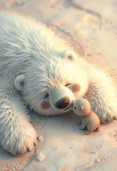 An amorphous, fluffy polar bear lying on the ground, looking completely relaxed and lifeless, receiving a gentle kiss on its cheek from a small, friendly animal or person. The scene is serene and heartwarming, with soft lighting and pastel colors, giving a cozy and peaceful vibe. The polar bear’s fur is soft and messy, almost as if it’s melting into the surroundings. The overall atmosphere is calming and playful.