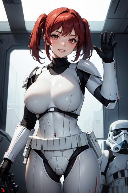 masterpiece, best quality, absurdres, 1girl, solo, StromTrooper, armor, red hair, orange eyes, twintails, huge breasts, smile, waving at viewer, <lora:StormTrooper:1>