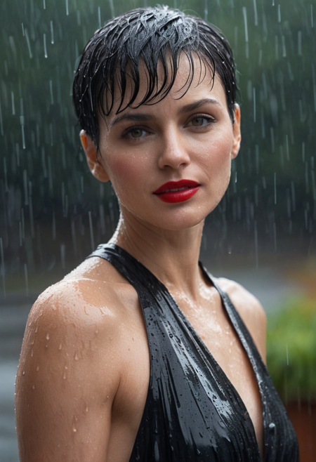 A sultry woman with a short, stylish haircut and a toned physique stands confidently in the rain, her upper body partially obscured by a silk black dress that clings to her wet skin. Her bright red lips curve into a subtle, enigmatic smile, hinting at a deeper allure. Water droplets glisten on her skin, and a single raindrop clings to the corner of her mouth, as if paused in mid-fall. The background is a soft blur, with the sound of rain creating a soothing melody in the distance. The woman's gaze meets the viewer's, her eyes gleaming with a quiet intensity, as if daring us to look closer. Her wet clothes seem to shimmer in the dim light, accentuating her curves and emphasizing her sensuality. In this fleeting moment, she embodies the beauty of a woman embracing the rain, and the mystery that lies beneath her confident exterior.