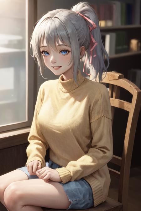 masterpiece, best quality, highres, 1girl ponytail hair ribbon <lora:bluesy_no_outfit:1> yellow sweater, sitting, smile