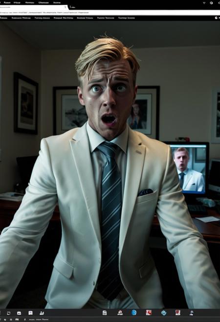 lazypos, , A realistic photo of a blonde groom in a sharp wedding suit, his face frozen in shock as he turns away from a computer monitor. On the screen, the homepage of an escort service website is clearly visible, casting a dim glow on his pale, horrified expression. The background is a dimly lit home office with subtle wedding preparation details—a discarded tie, a half-packed suitcase—hinting at the impending disaster. Cinematic lighting, ultra-detailed facial expression, photorealistic style, dramatic tension.