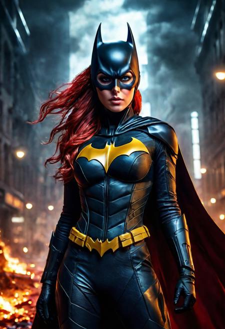High resolution ultra-realistic of beautiful realistic Batgirl fighting against alien invasion, cinematic style, standing on a bloody and stormy battlefield in a fighting pose, bloody massacre, realistic modern combat costume, black mask, red cape, perfect athletic figure, wavy red hair, handsome dirty bloody face, beautiful perfect detailed pupils, wet oily shiny skin, covered in dirt and blood, beautiful firm Breasts, defiant and seductive, sexy 20 year old girl, 8k resolution concept art portrait by Greg Rutkowski, Dark Gotham City, realistic blue eyes, full body, Artgerm, WLOP, Alphonse Mucha, dynamic lighting, hyperdetailed, intricately detailed, Splash art trending on Artstation triadic colors, Unreal Engine, 5 volumetric lighting, Cinematic Lighting, intricate, smooth, sharp focus digital painting, Asymmetrical Balance, painting, dynamic lighting