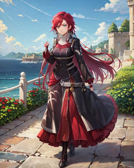 best quality, (masterpiece:1.2), illustration, absurdres,
(1girl), (solo), (beautiful detailed girl),  full body shot,
<lora:CelisV2-08:1>, Celis Ortesia, red hair, long hair, messy hair, aqua eyes, medium breasts, earrings,  jewelry,
armored dress, (long dress, long skirt:1.1), gown, belt, black pantyhose, black boots, knee boots, laced footwear, red gloves, fingerless gloves,
proud, confident, (angry:0.8), looking at viewer,
garden, distant sea, distant ocean, mediterranean buildings, white buildings, castle on top of hill