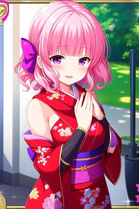 (masterpiece, best quality), highly detailed background, perfect lightingbest quality, nittamoeka, solo, outdoors, day, nature, ninja, pink hair, hair bow, pink bow, curly hair, short hair, purple eyes, pink scarf, breasts, bare shoulders, short kimono, red kimono, floral print, <lora:GoodHands-vanilla:1>, (perfect hands, perfect anatomy), bracelet, bridal gauntlets, japanese clothes, smile, open mouth, parted lips, pink lips, <lora:Nitta-Moeka:0.7>