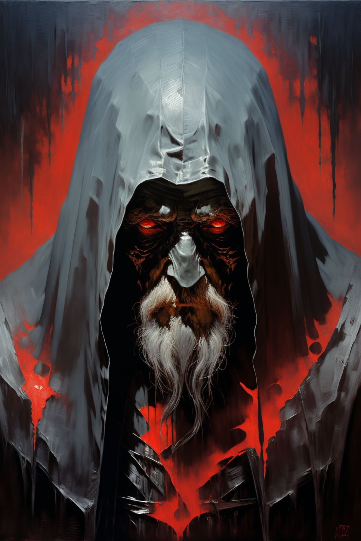 A painting of a bearded man wearing a white robe and hood with red eyes, giving a creepy vibe.