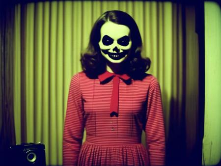 sksliminal:1.2, the backrooms, creepy girl with an evil smile, super 8 film, vintage camera, found footage, glitch


