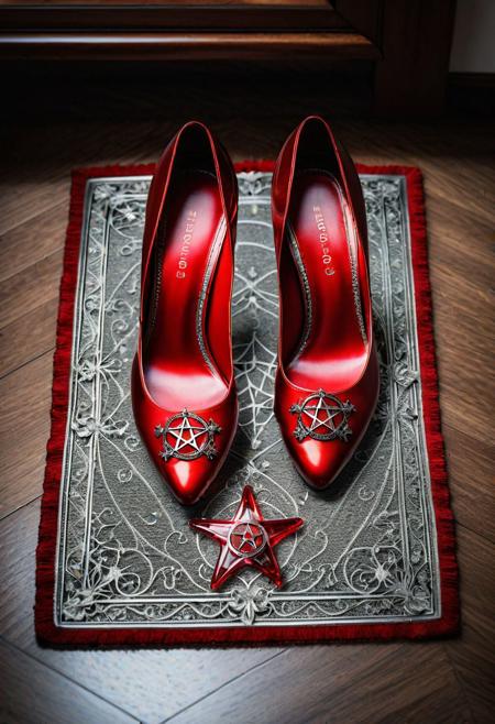 (( Photograph of 2 transparent red glass slippers, (the slippers are red clear seethough translucent and made of glass) , on an old fashioned welcomemat with the word "Home" printed on the welcome mat which is on the floor.))
((everything is grayscale , except the red glass slippers which are red)),
((the welcomemat has the text "Home" printed on it and the red glass slippers have been placed on the welcome mat on the floor))
((nostalgic, intricately detailed, extremely detailed  background, perfect accuracy, award winning photograph))
BREAK
,((uhd, 8k photograph taken with Sony A7R III, 1/30sec at f/5.6, ISO 20,000, 12-24mm f/4 at 12mm, jib angle, looking down at an angle, experimental lighting)) 
BREAK
((inverted pentagram emblem present)), 
ng_deepnegative_v1_75t, epiCRealism, Ellis-RealismBoost