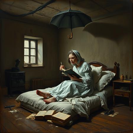 Old Painting in the style of Carl Spitzweg, dark atmosphere, A poor and  ill looking young woman in a dirty messy room with a waterleak at the ceiling and with a little window in the wall on the left an an old iron oven in front of it, sitting in nightgown with a nightcap on a mattress without a bed on the floor under white sheets an pillows, writing in a book with a grey feather, an open umbrella at the ceiling, books lying in front of the bed, wooden floor, in the style of Carl Spitzwegs the poor poet